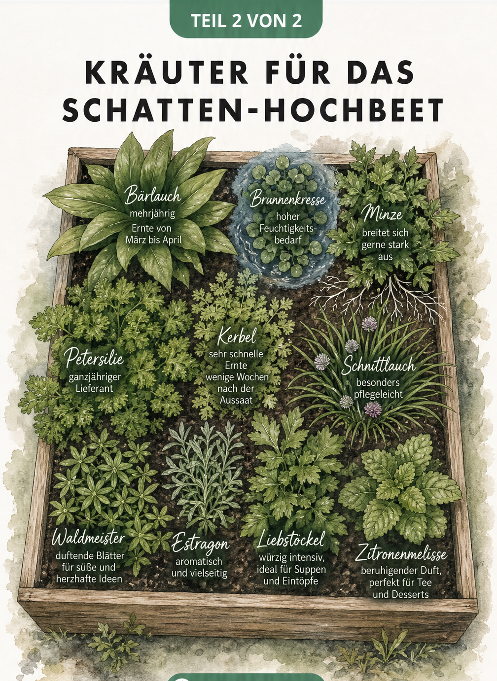 Aquarell-Illustration eines Hochbeets von oben mit verschiedenen Kräutern wie Bärlauch, Brunnenkresse, Minze und Petersilie in organischen Pflanzzonen.