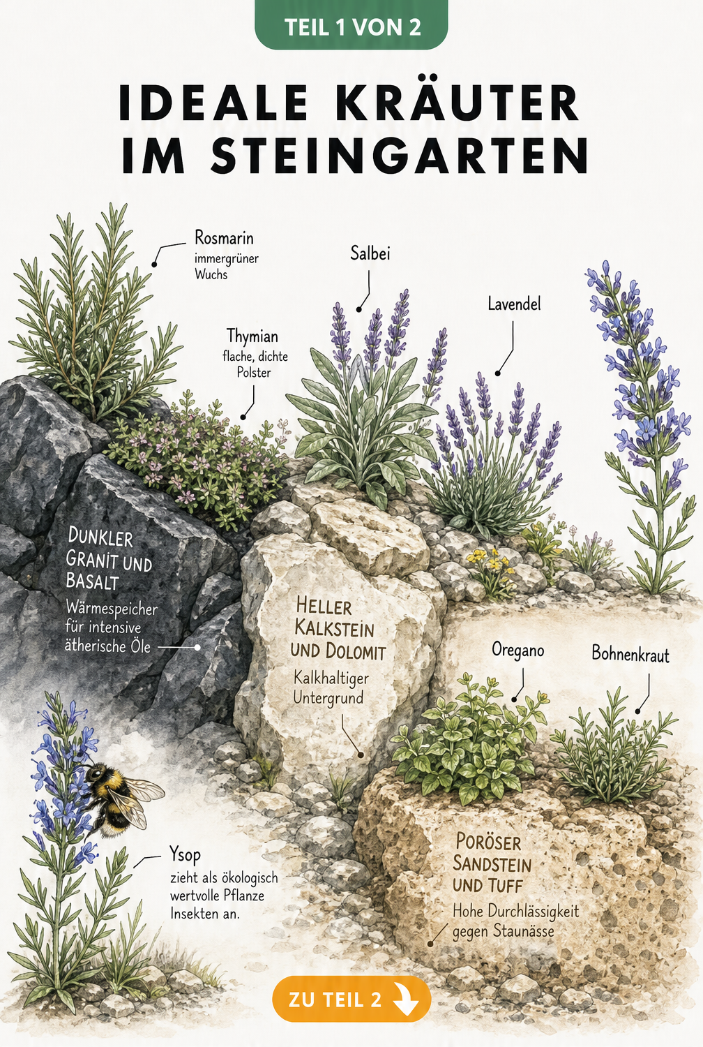 Aquarell-Zeichnung eines Steingartens mit Kräutern wie Rosmarin, Thymian, Salbei und Lavendel auf verschiedenen Gesteinsarten