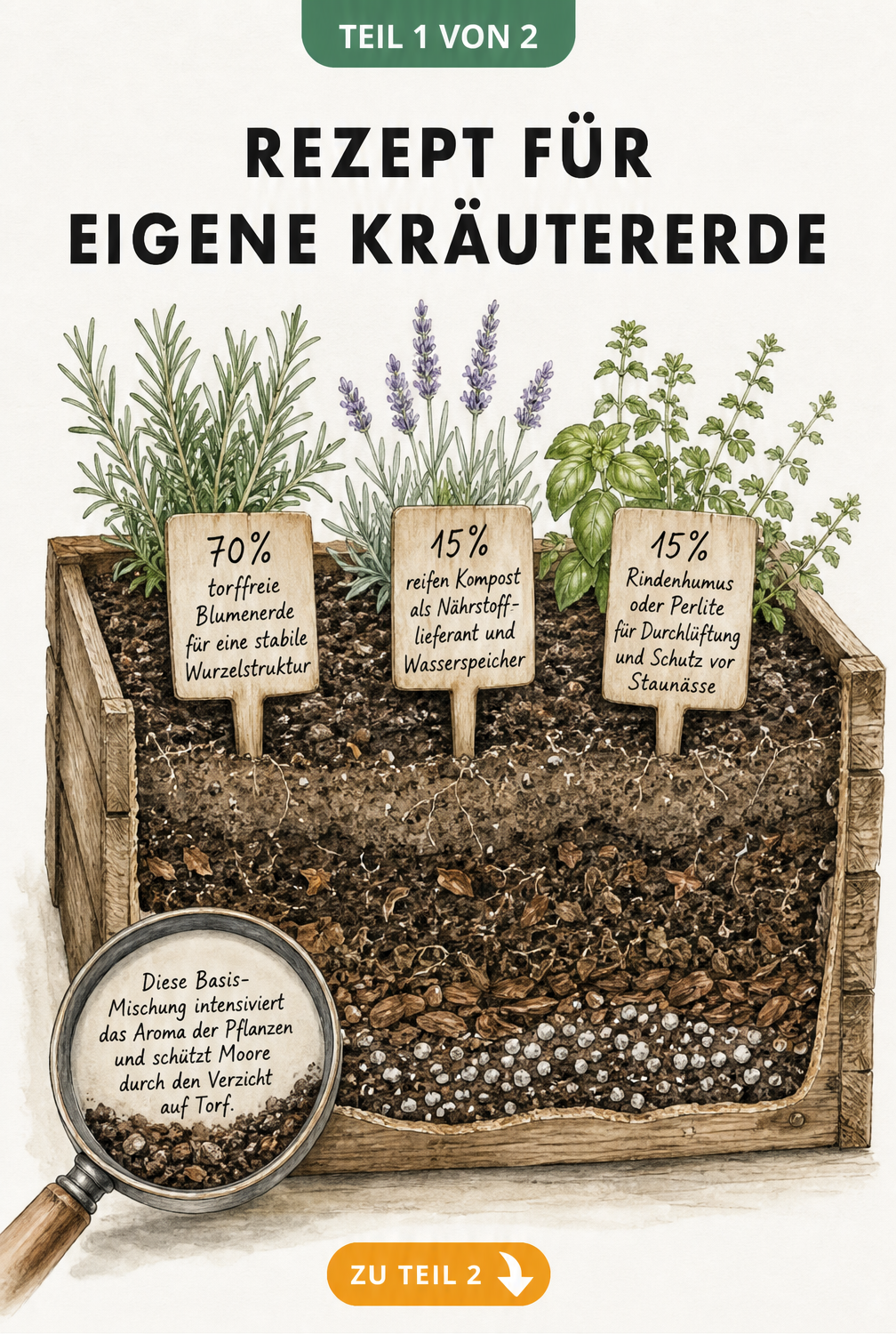 Schnittdarstellung eines Pflanzkastens mit der idealen Kräutererde-Mischung aus torffreier Blumenerde, Kompost und Rindenhumus