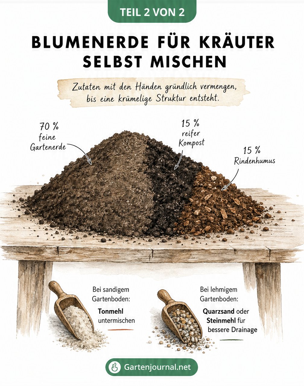Illustration eines Erdhaufens mit dem Grundrezept für Kräutererde und Zusätzen für verschiedene Böden