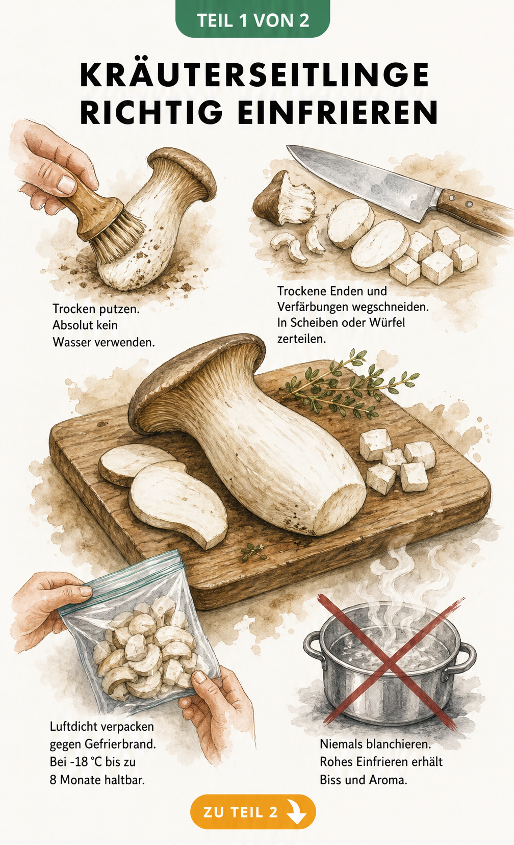 Illustration eines Kräuterseitlings auf einem Holzbrett mit Vorbereitungsschritten zum Einfrieren