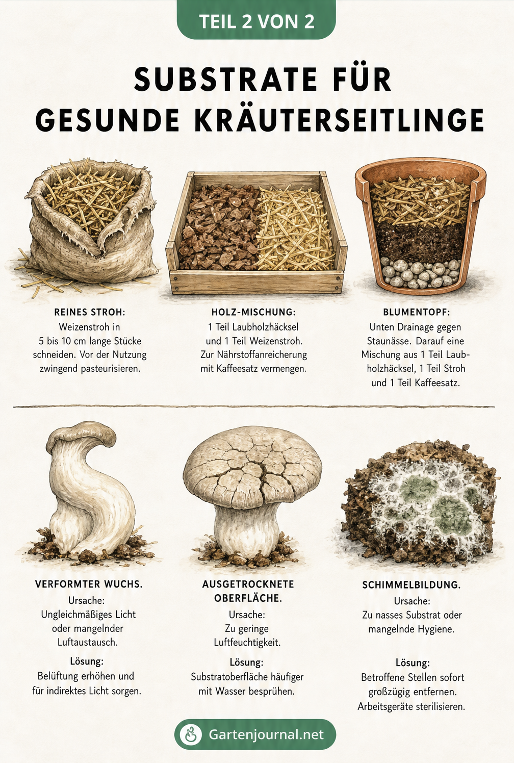 Illustration verschiedener Substrate wie Stroh, Holz und Blumentopf-Mischungen sowie Diagnose von Wuchsfehlern bei Kräuterseitlingen