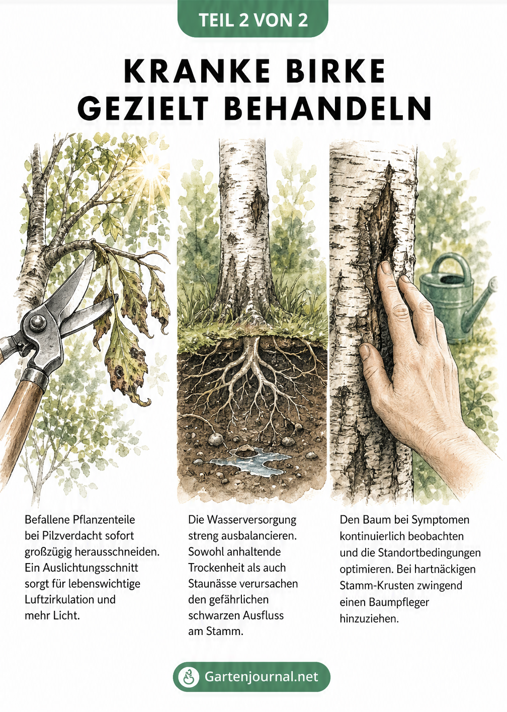 Illustration zur Behandlung einer kranken Birke: Astschnitt, Bodenkontrolle und Stammuntersuchung