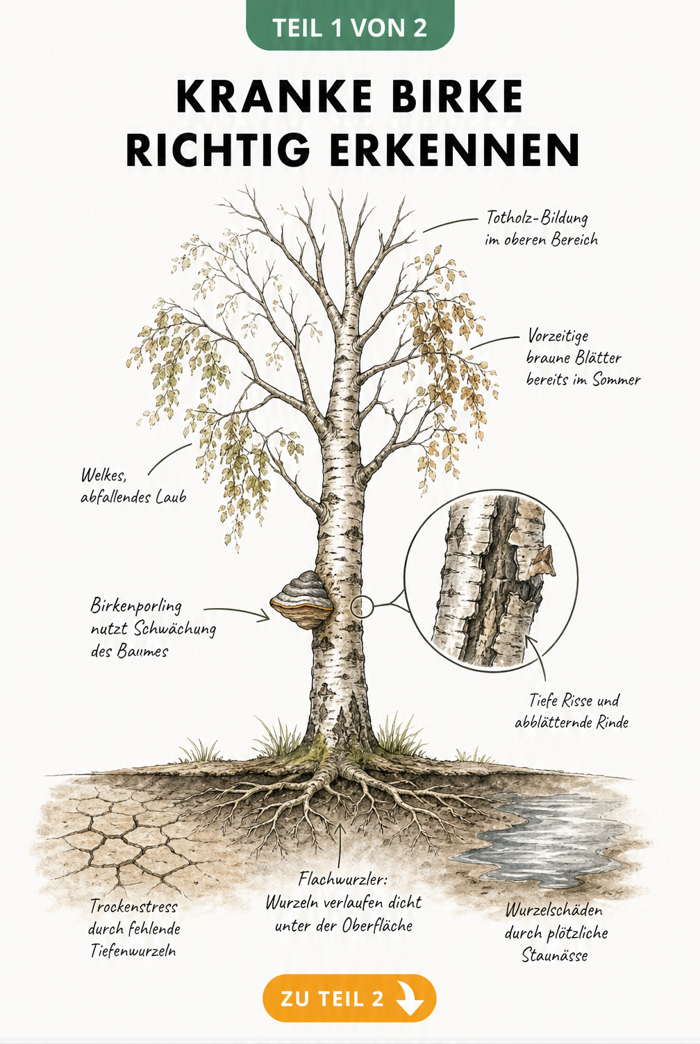 Botanische Illustration einer kranken Birke im Längsschnitt mit Symptomen an Krone, Stamm und Wurzeln