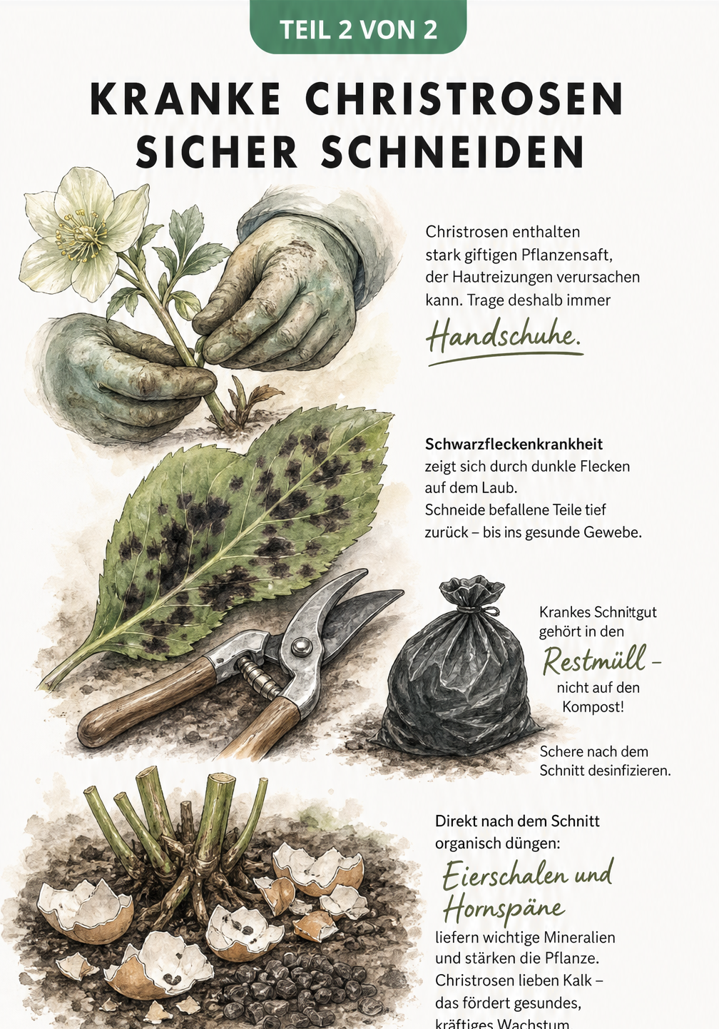Illustration zum sicheren Rückschnitt kranker Christrosen mit Handschuhen und anschließender Düngung mit Eierschalen