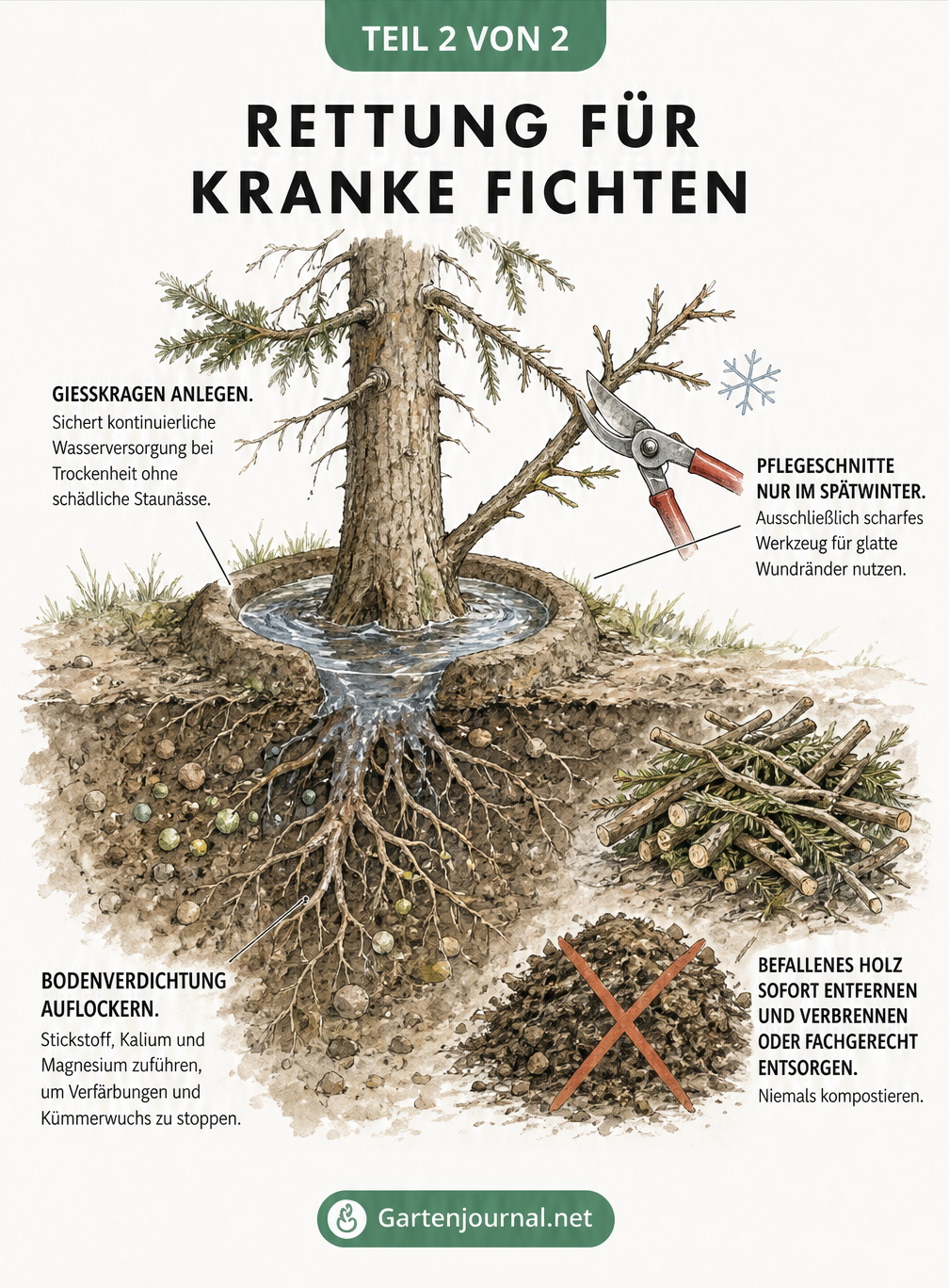 Querschnitt-Illustration zur Rettung einer kranken Fichte mit Gießkragen, Bodenauflockerung und richtigem Schnitt