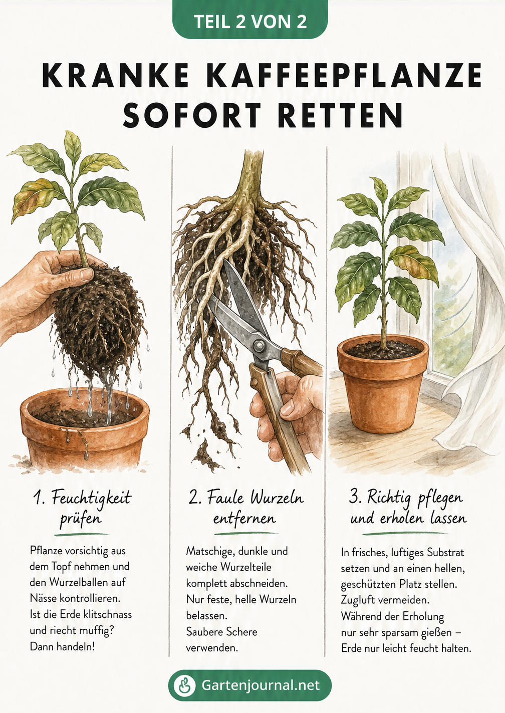 Illustration zur Rettung einer kranken Kaffeepflanze: Wurzelballen prüfen, faule Wurzeln abschneiden und an einen hellen Standort stellen