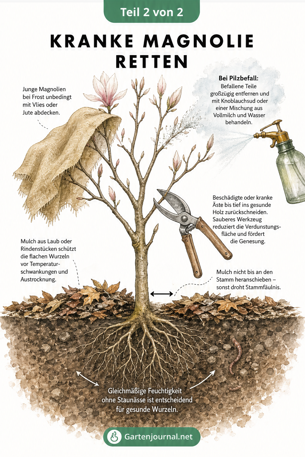 Skizze einer jungen Magnolie im Erdquerschnitt mit Hinweisen zu Mulchen, Gießen, Rückschnitt und Pilzbehandlung.