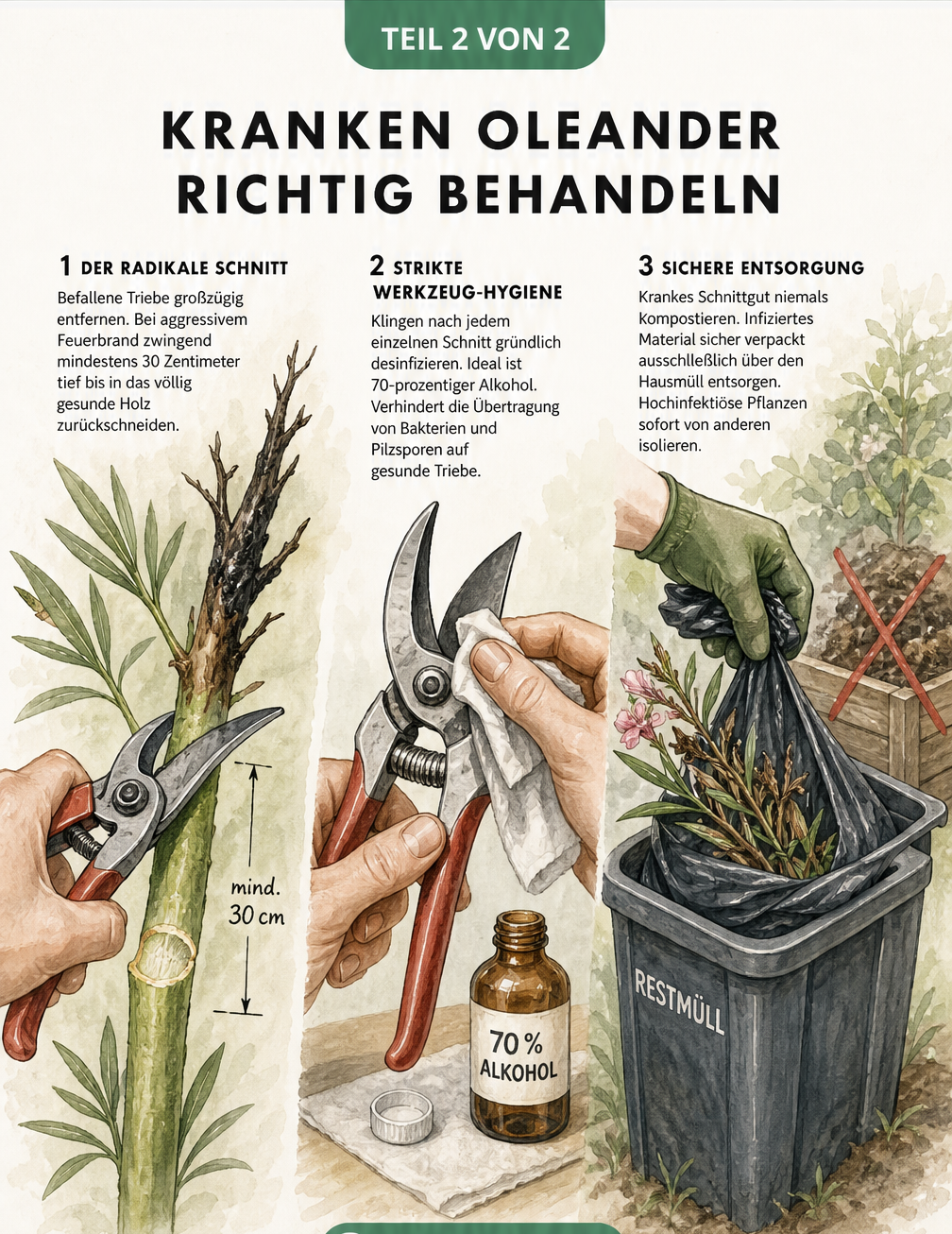 Illustration zur Behandlung von krankem Oleander durch radikalen Rückschnitt, Desinfektion der Gartenschere und sichere Entsorgung im Hausmüll