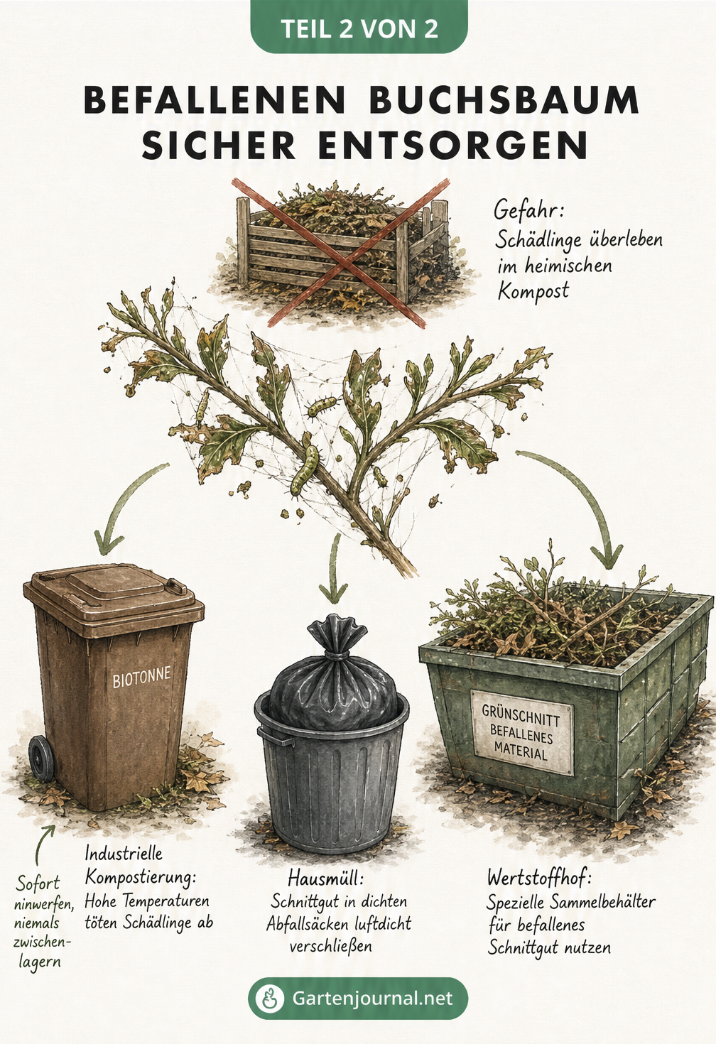 Illustration eines kranken Buchsbaumzweigs mit Spinnweben und drei Entsorgungswegen: Biotonne, Hausmüll in dichten Säcken und Wertstoffhof.
