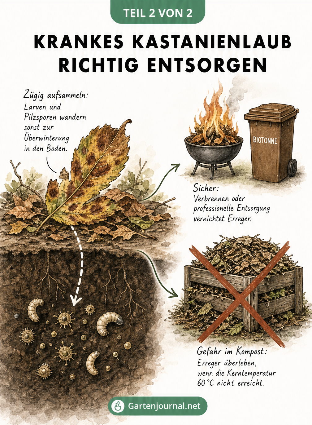 Aquarell-Zeichnung zur richtigen Entsorgung von krankem Kastanienlaub, um Pilzsporen und Larven zu vernichten