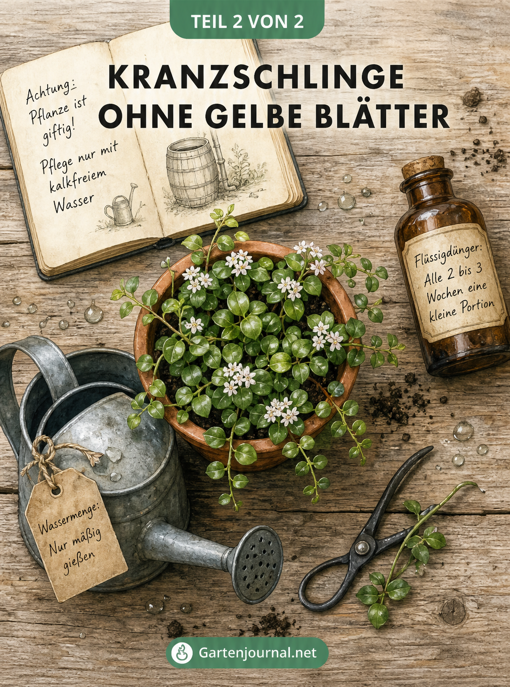 Stillleben auf einem Gärtnertisch mit einer gesunden Kranzschlinge im Terrakotta-Topf, Gießkanne, Dünger und Notizbuch mit Pflegetipps.