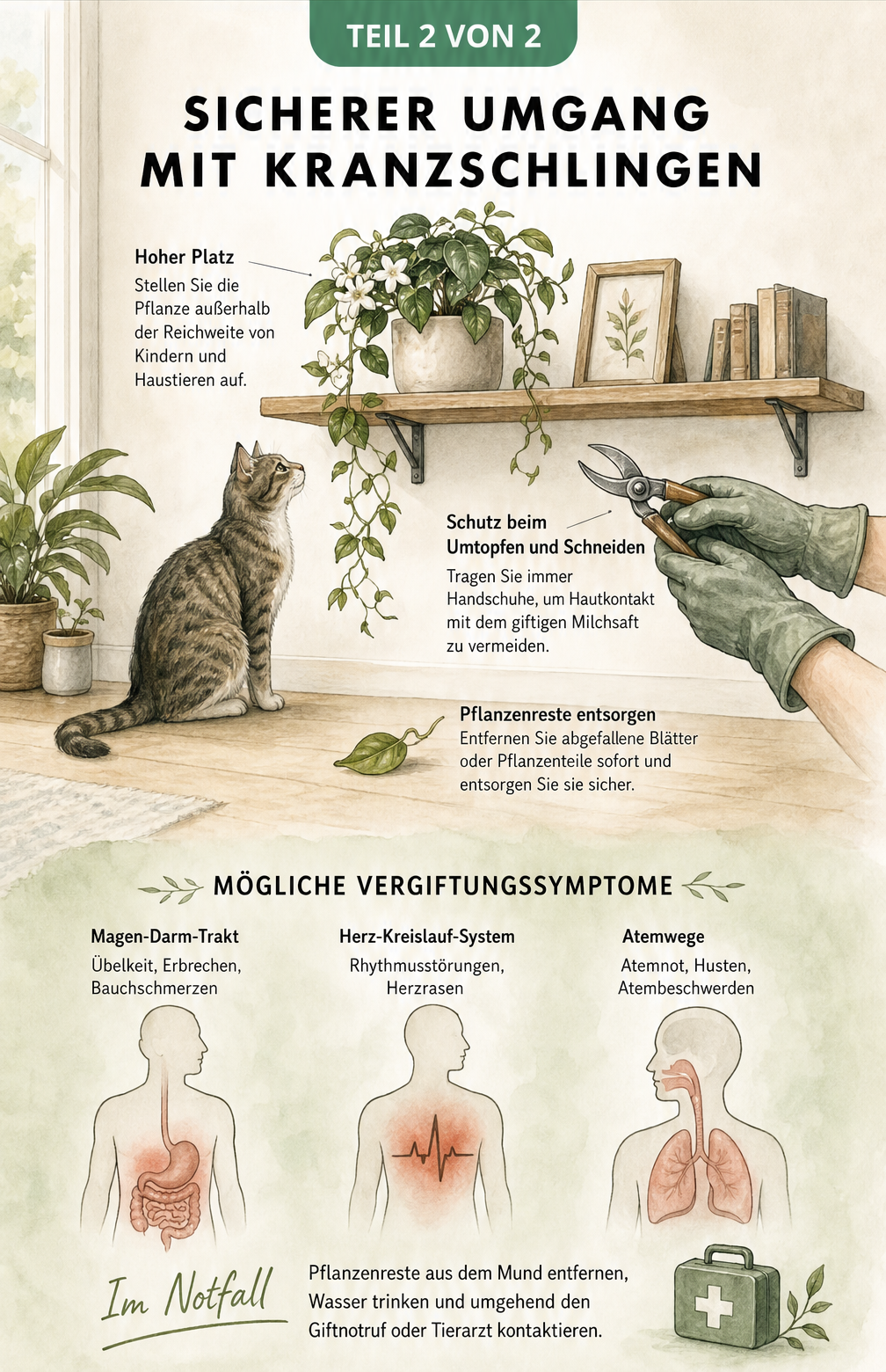 Illustration zum sicheren Umgang mit der Kranzschlinge im Wohnraum, inklusive Standortwahl und Schutzmaßnahmen