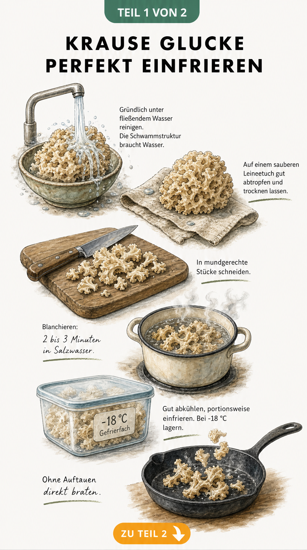 Illustration der Krausen Glucke beim Waschen, Schneiden, Blanchieren und Einfrieren