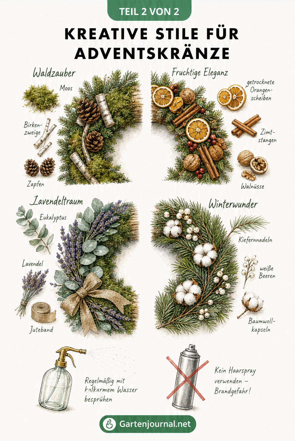 Vier kreative Stile für Adventskränze: Waldzauber, Fruchtige Eleganz, Lavendeltraum und Winterwunder mit passenden Naturmaterialien.