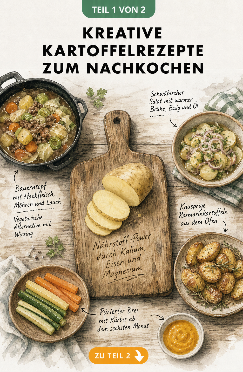 Aquarell-Illustration eines Holztisches mit verschiedenen Kartoffelgerichten wie Bauerntopf, schwäbischem Kartoffelsalat und Gemüsesticks
