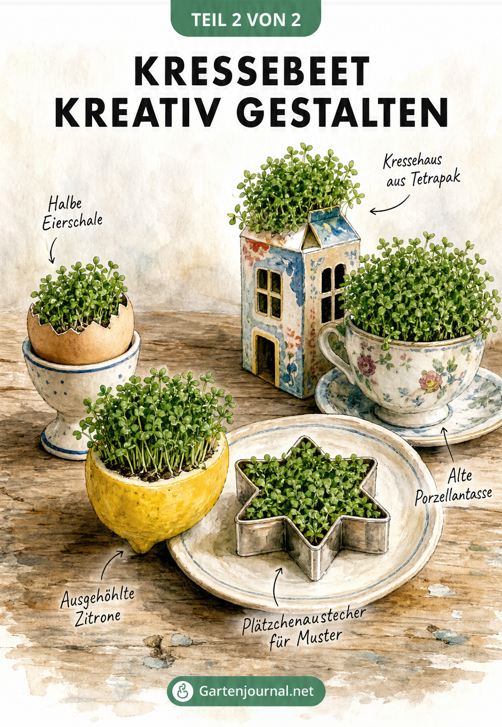 Kreative Kressebeete in Eierschalen, Zitronenhälften, Plätzchenausstechern und alten Tassen