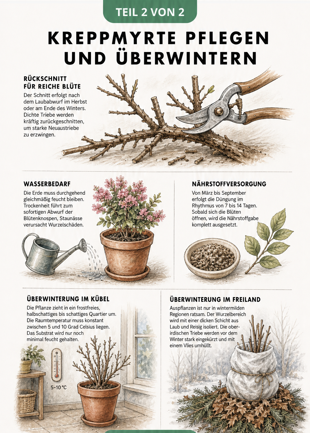 Illustration zur Pflege der Kreppmyrte mit Tipps zu Rückschnitt, Wasserbedarf, Düngung und Überwinterung im Kübel sowie im Freiland.