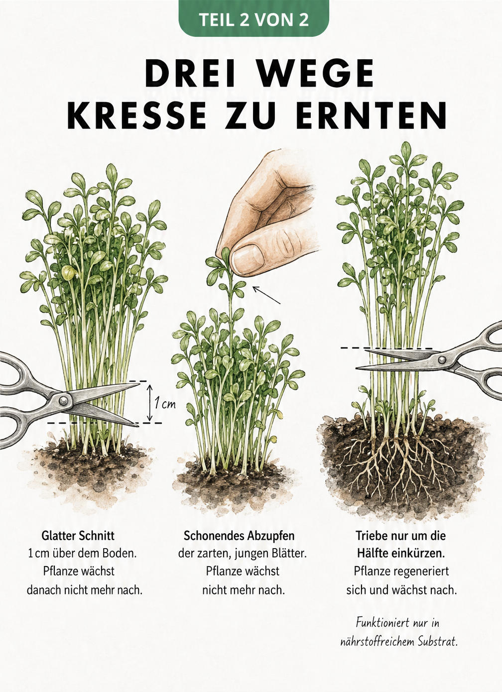 Drei Methoden zur Kresseernte: Glatter Schnitt mit der Schere, schonendes Abzupfen und Halbieren der Triebe