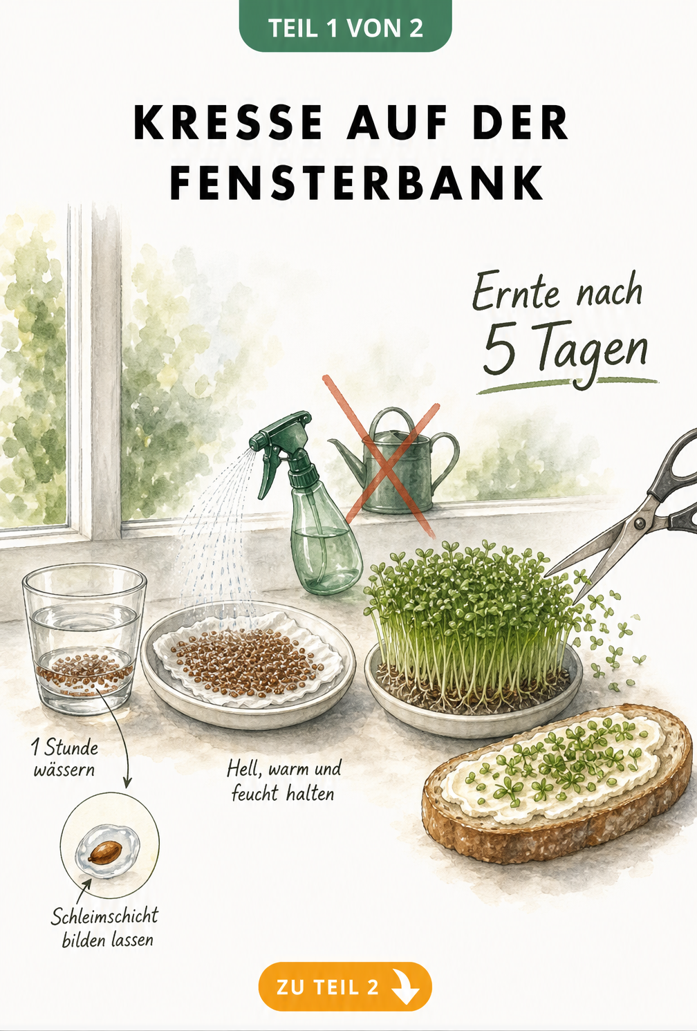 Illustration: Kresse auf der Fensterbank ziehen, vom Samen bis zur Ernte nach 5 Tagen.