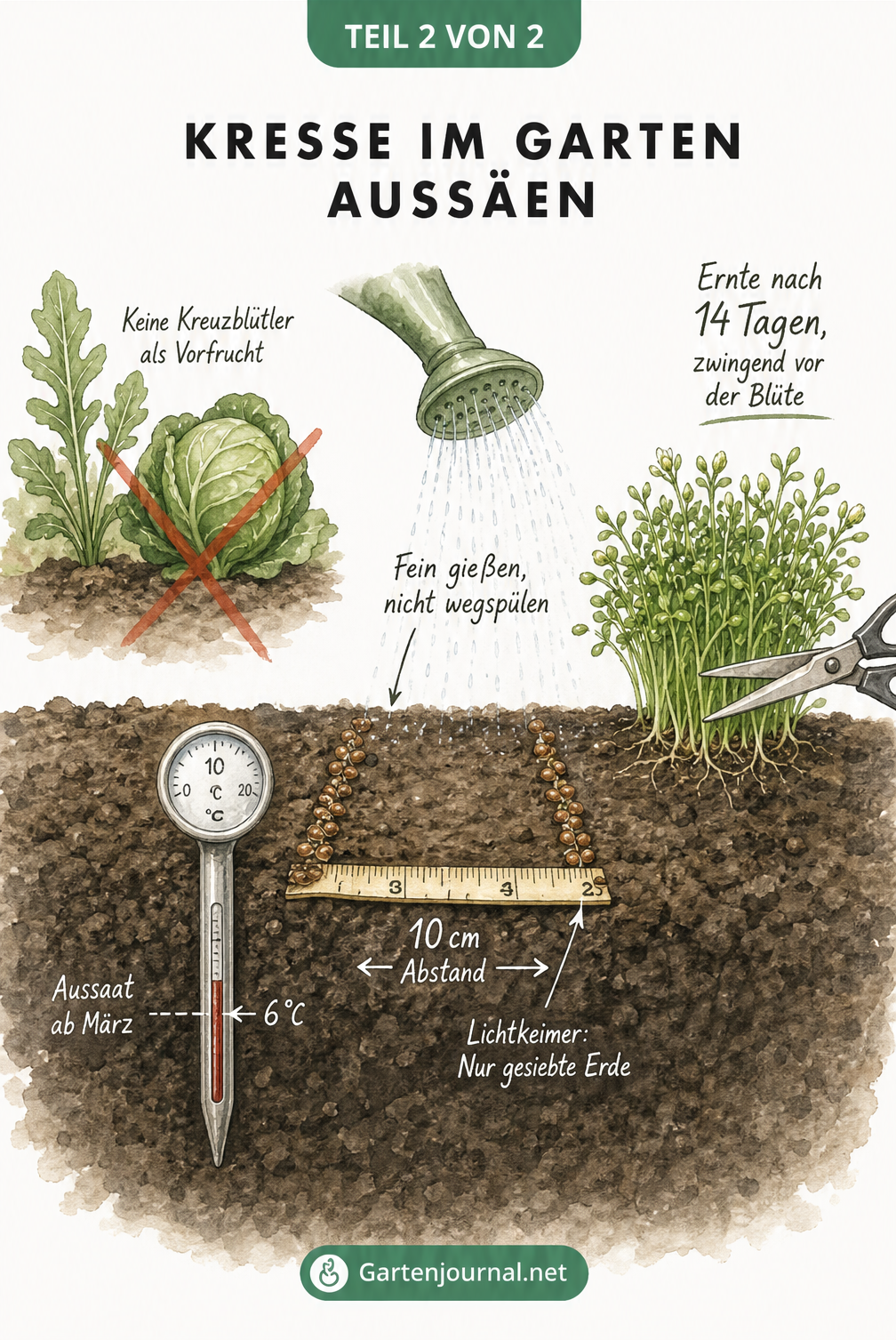 Illustration: Kresse im Gartenbeet aussäen, mit Bodenthermometer und Gießkanne.