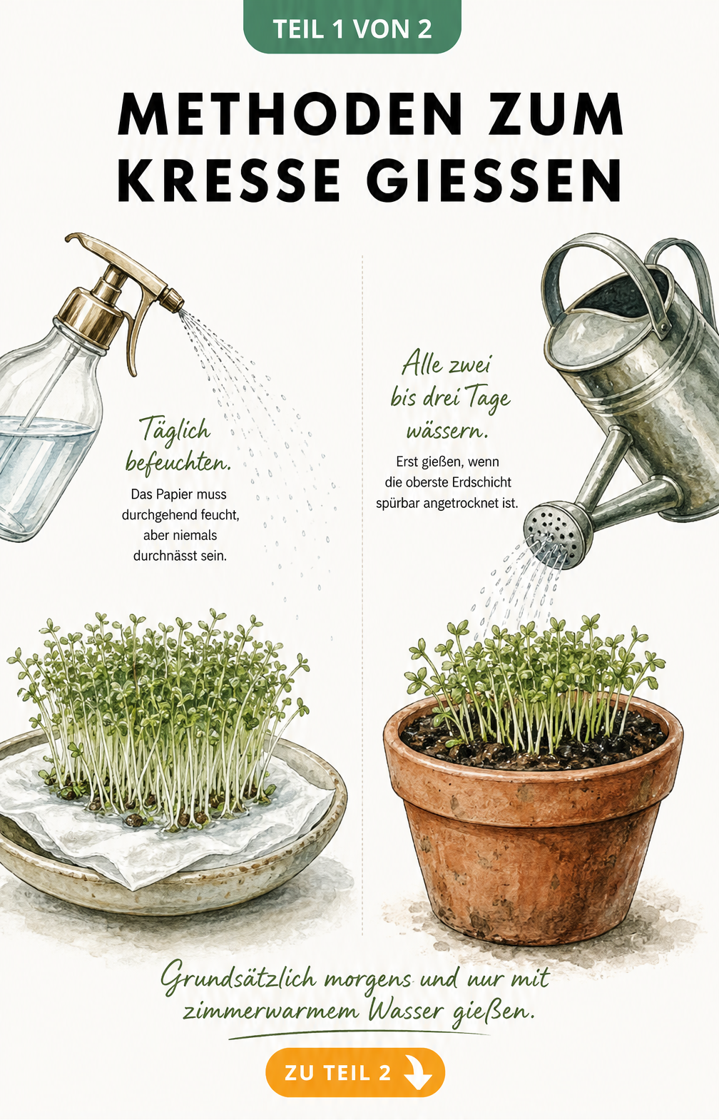 Botanische Illustration: Kresse gießen mit Sprühflasche auf Küchenpapier und Gießkanne auf Erde