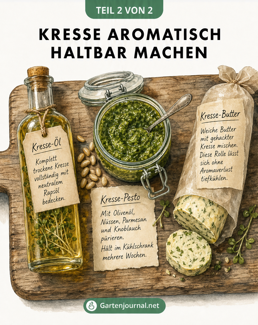 Illustration eines Holzschneidebretts mit Kresse-Öl in einer Glasflasche, Kresse-Pesto im Einmachglas und Kresse-Butter in Pergamentpapier.