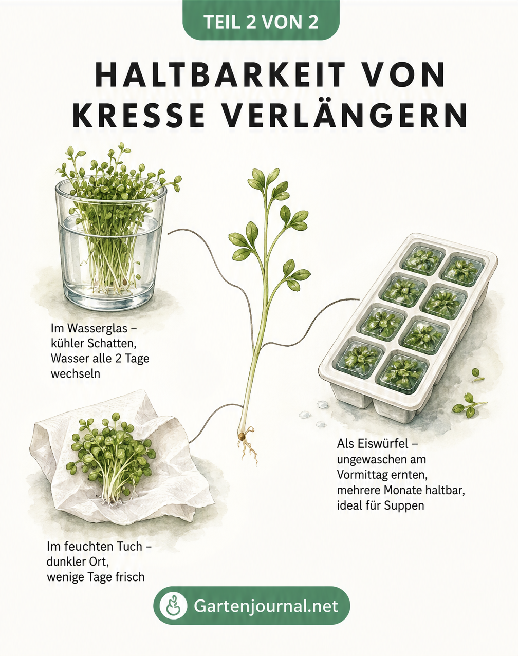 Illustration verschiedener Methoden zur Aufbewahrung von Kresse: im Wasserglas, im feuchten Tuch und als Eiswürfel eingefroren.
