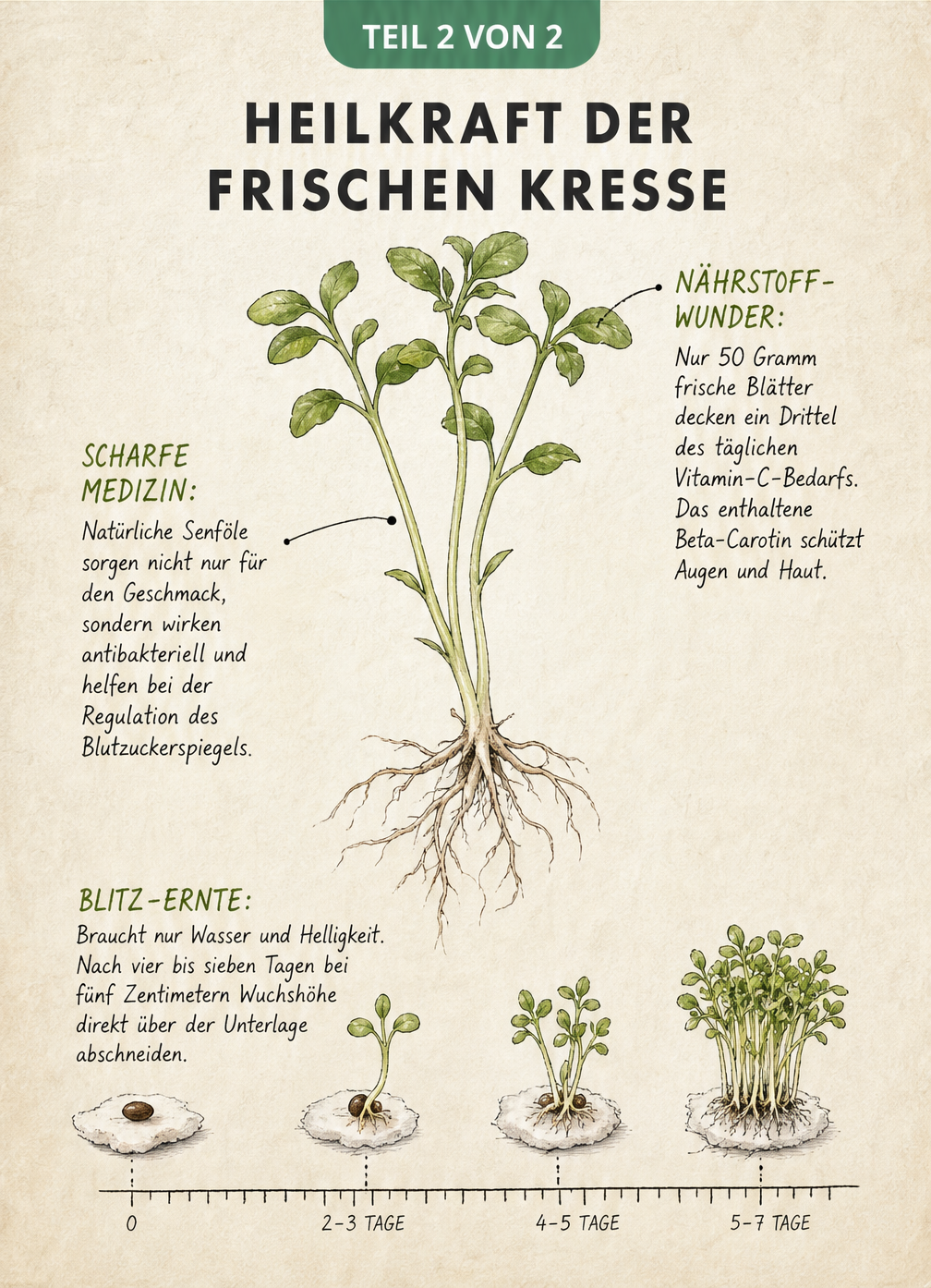 Botanische Vintage-Illustration einer Kresse-Pflanze mit Erklärungen zu Nährstoffen, Senfölen und Wachstum