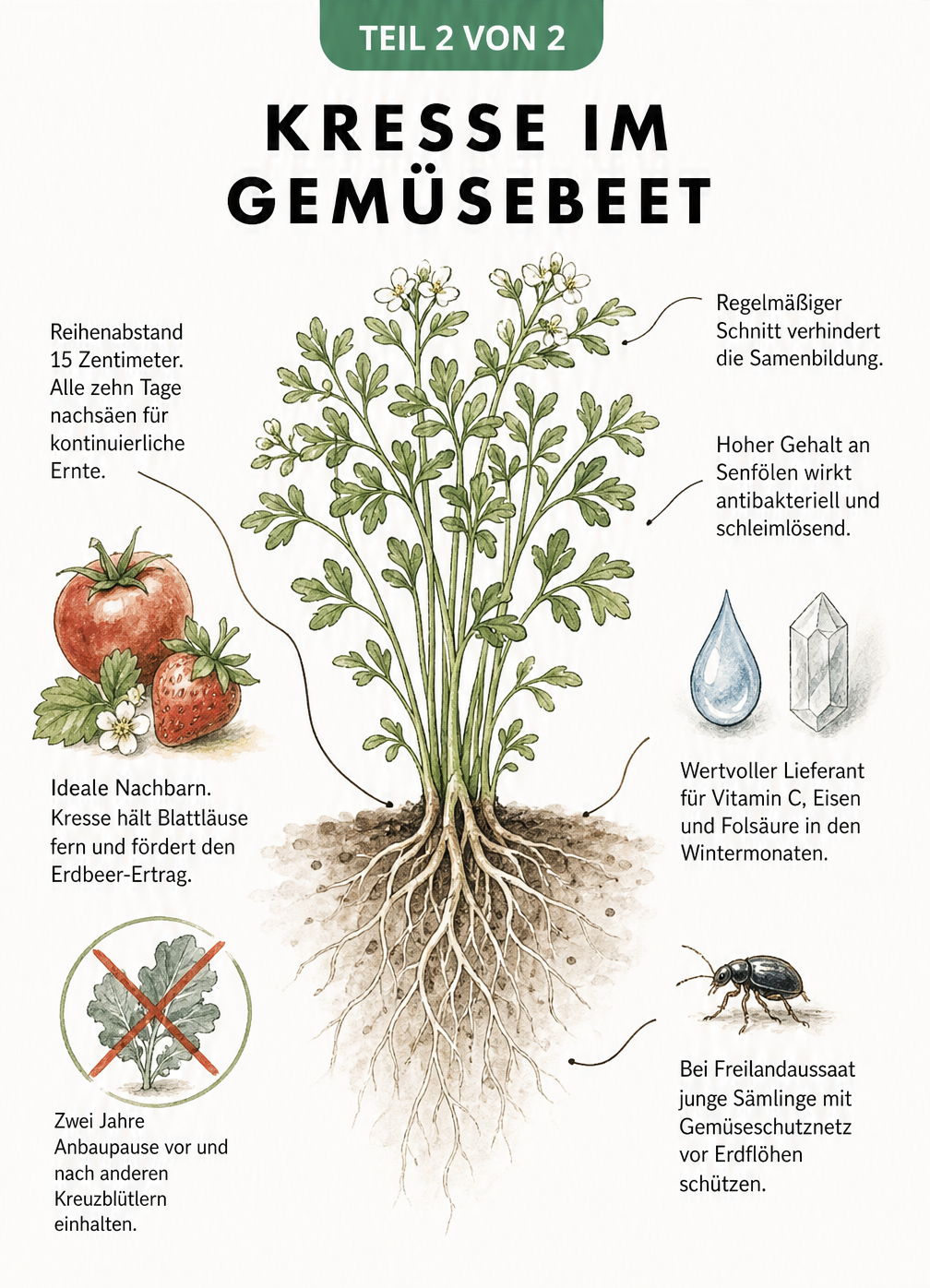 Illustration einer ausgewachsenen Gartenkresse im Gemüsebeet mit Informationen zu Pflanzabstand, idealen Nachbarn wie Tomaten und Erdbeeren sowie Ernte-Tipps.