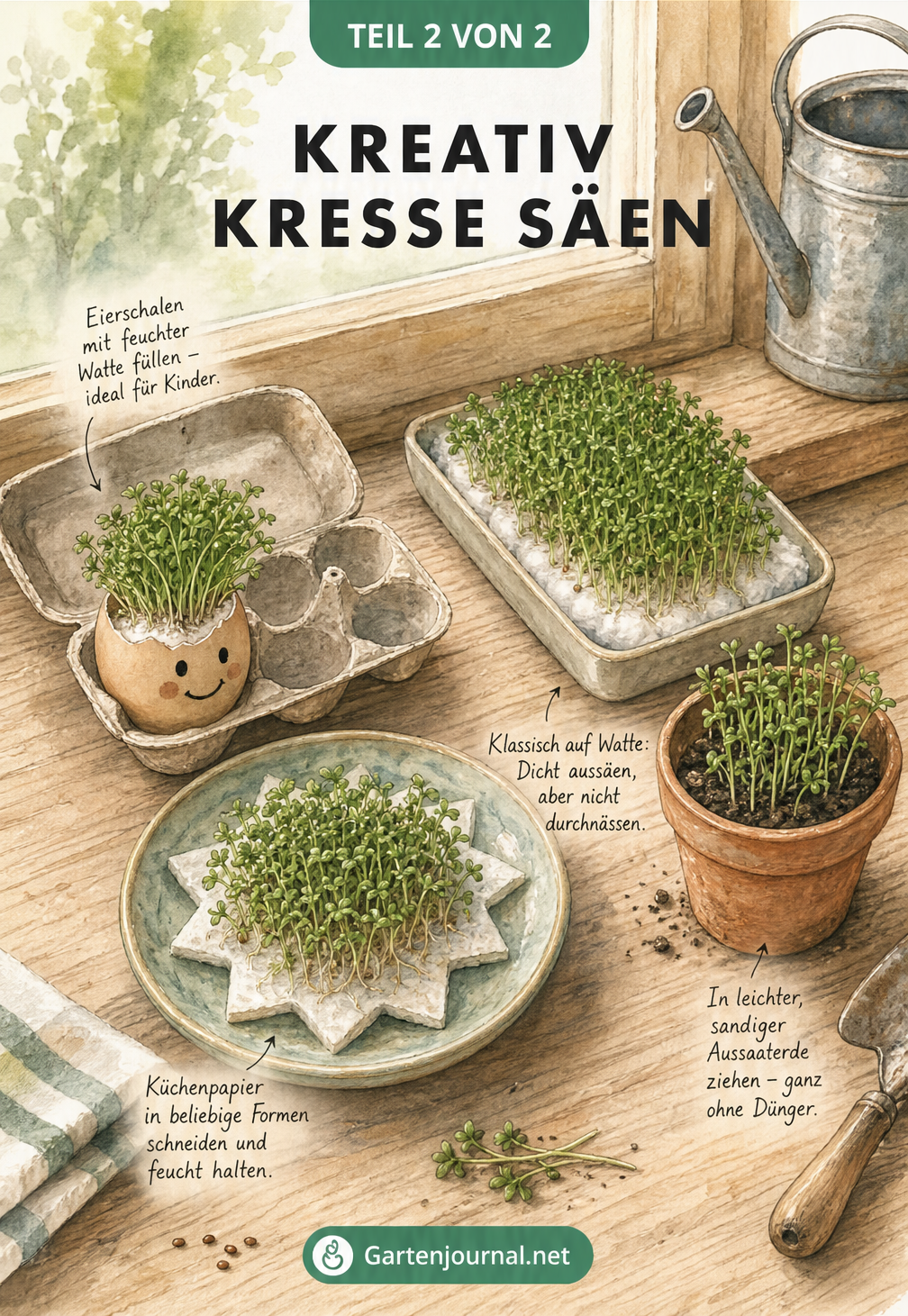 Illustration einer Fensterbank mit vier verschiedenen Anzucht-Stationen für Kresse: Eierschale, Küchenpapier, Watte und Aussaaterde.
