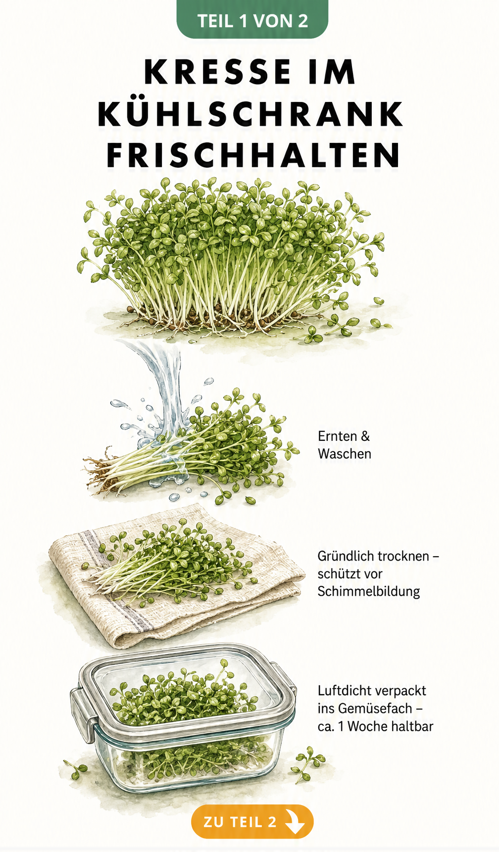 Illustration zur Vorbereitung von Kresse für den Kühlschrank: Ernten, Waschen, Trocknen und luftdicht verpacken.