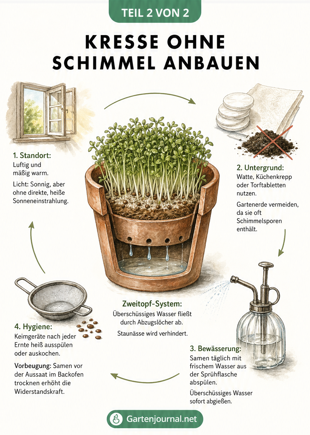 Querschnitt eines Kresse-Anzuchtgefäßes im Zweitopf-System mit Tipps zu Standort, Material, Bewässerung und Hygiene