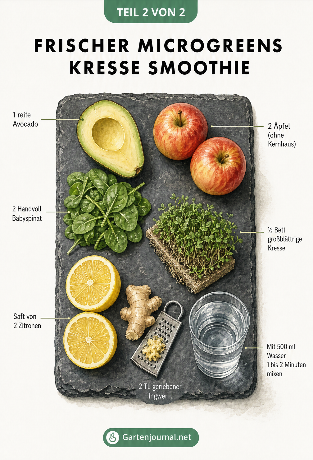 Zutaten für einen Kresse-Smoothie auf einer Schieferplatte: Avocado, Äpfel, Babyspinat, Kresse, Zitronen und Ingwer