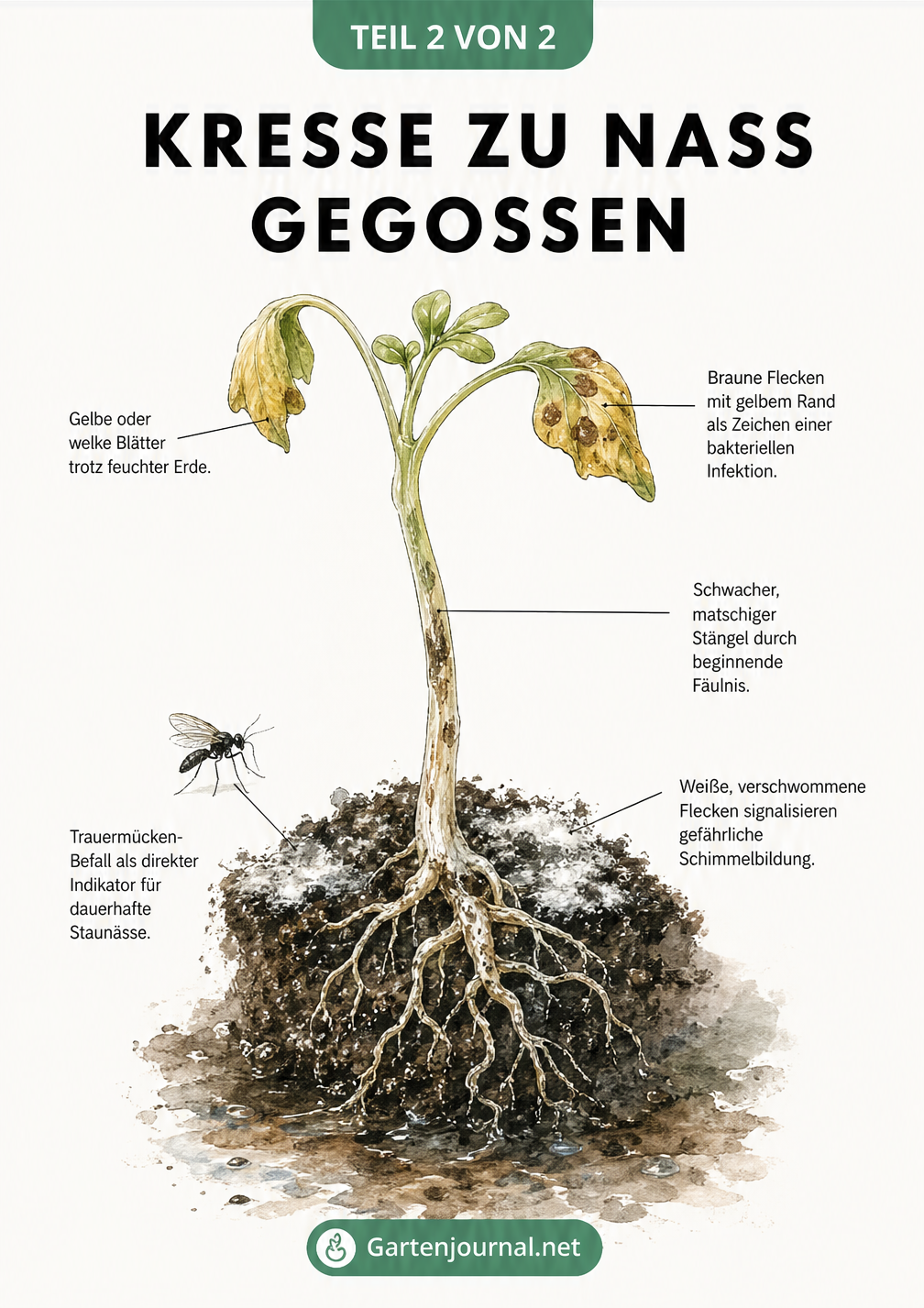 Aquarell-Illustration eines kränklichen Kresse-Keimlings mit Anzeichen von Überwässerung wie gelben Blättern und Schimmel