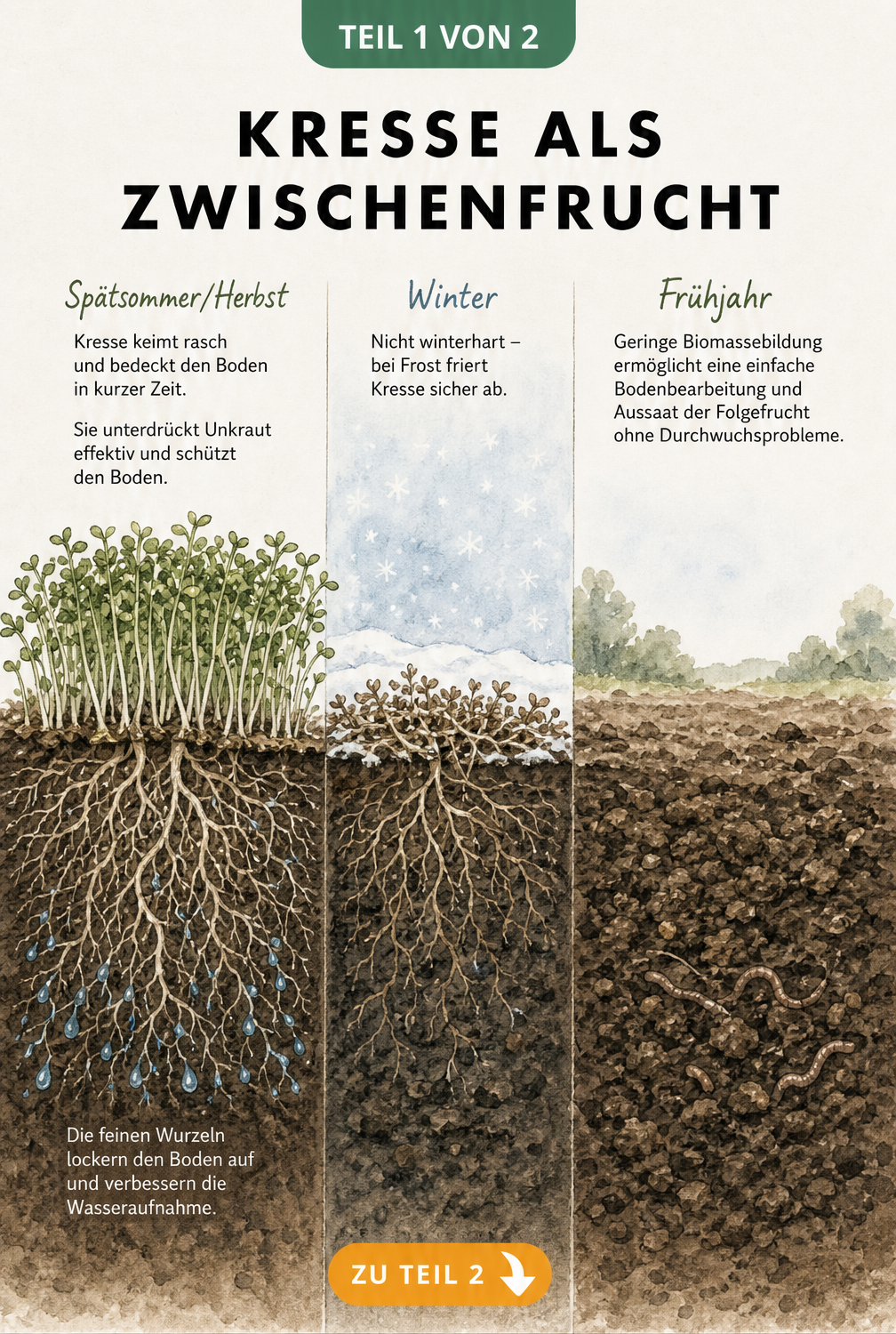 Querschnitt durch den Gartenboden zeigt Kresse als Zwischenfrucht im Jahresverlauf von Spätsommer bis Frühjahr