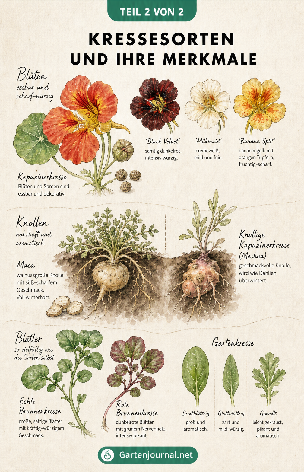 Botanische Illustration verschiedener Kressesorten, die essbare Blüten der Kapuzinerkresse, Knollen von Maca und Mashua sowie unterschiedliche Blattformen der...