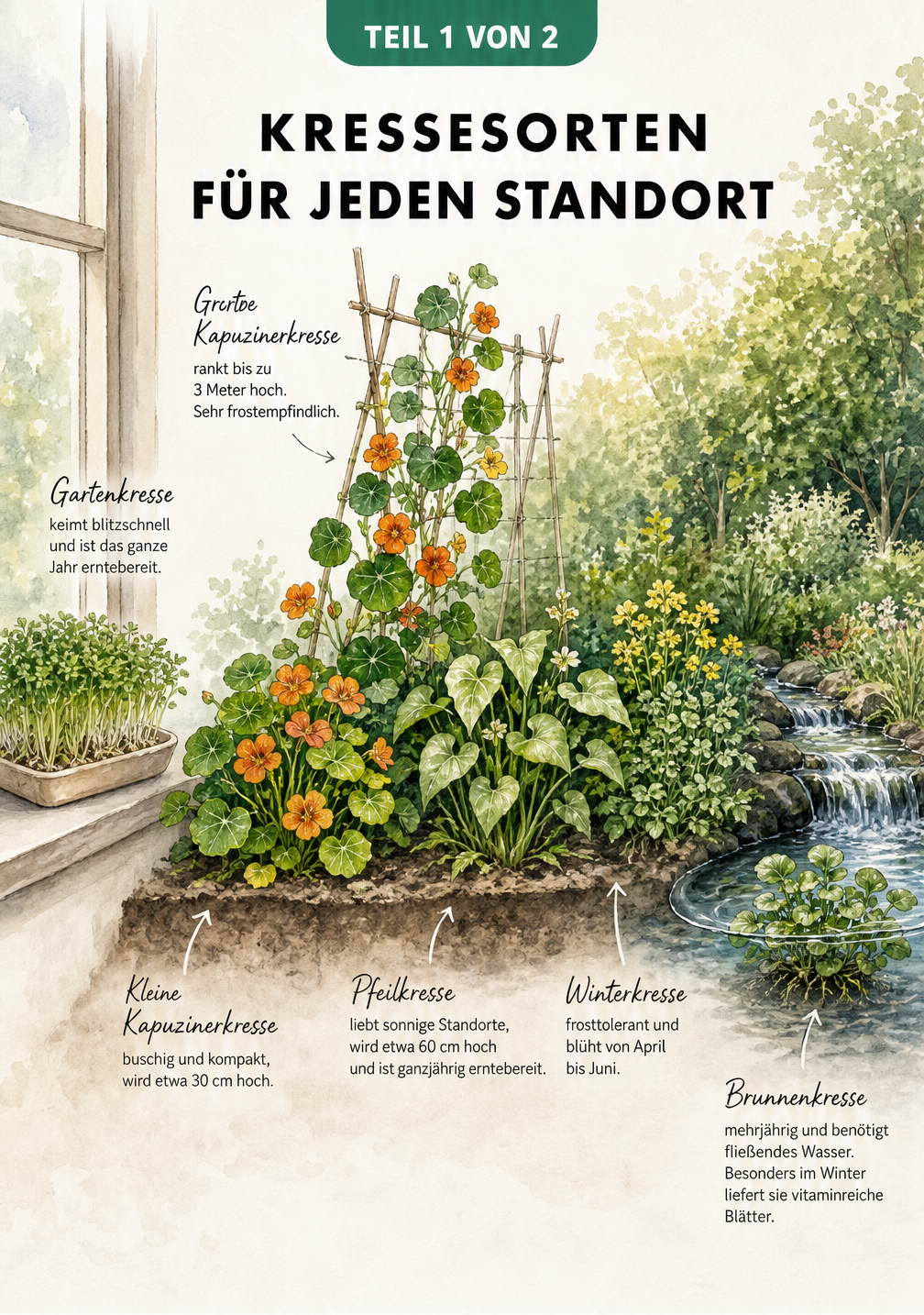 Querschnitt eines Gartens mit verschiedenen Kressesorten wie Gartenkresse auf der Fensterbank, Kapuzinerkresse am Rankgitter und Brunnenkresse im Wasserlauf.