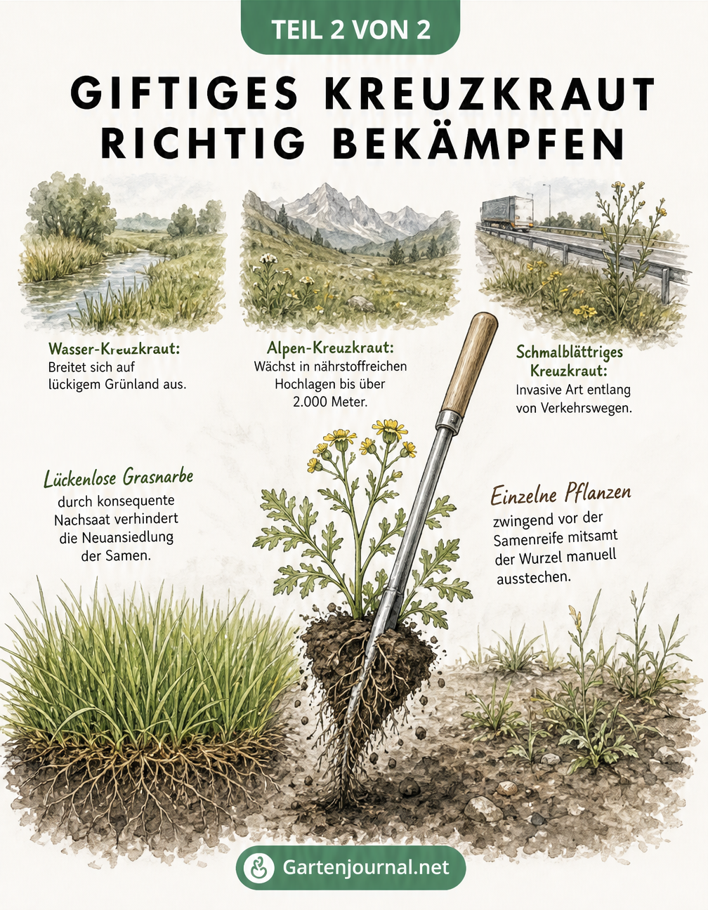 Botanische Zeichnung zur Bekämpfung von Kreuzkraut durch manuelles Ausstechen der Wurzel und lückenlose Grasnarbe sowie Vignetten der Standorte