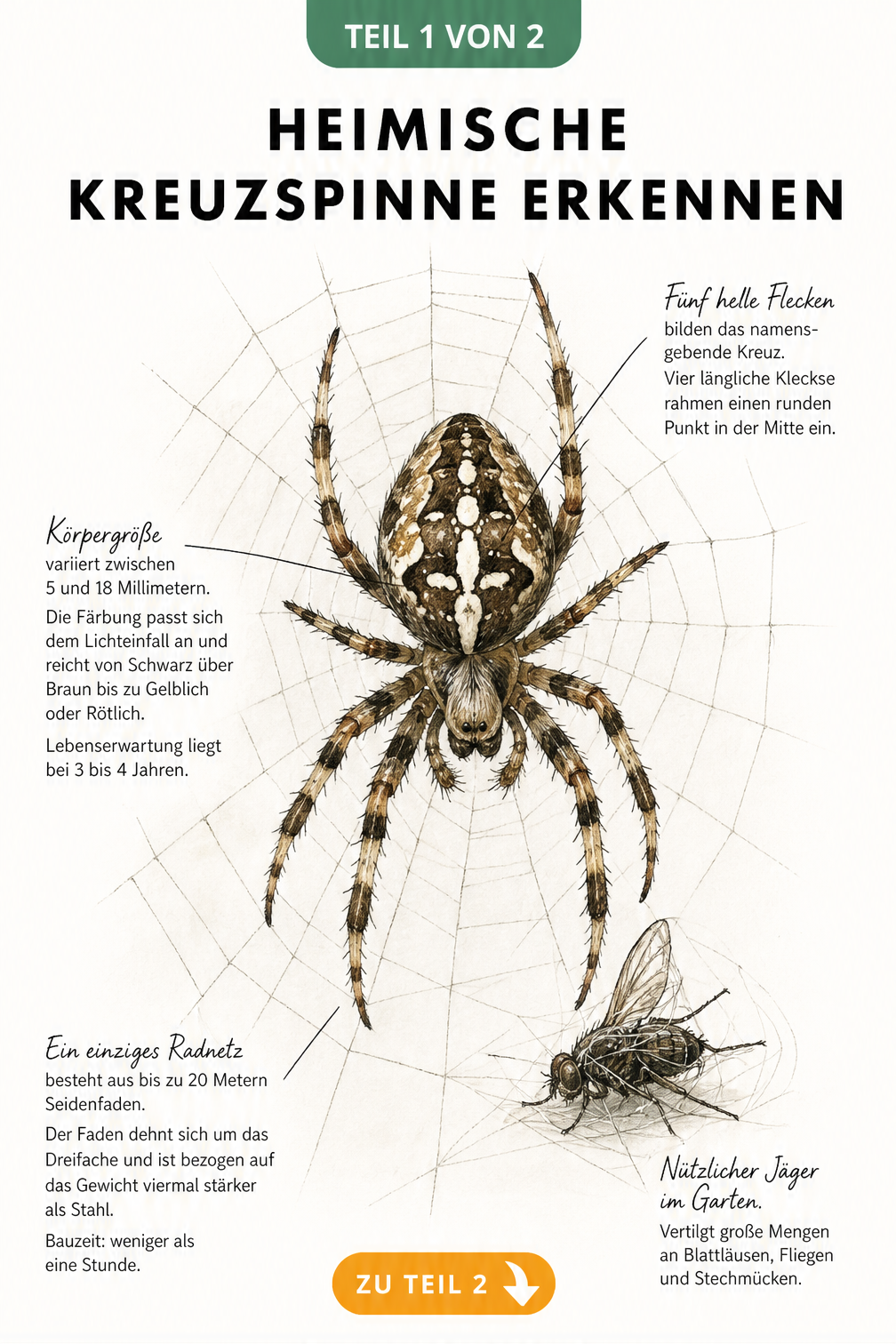 Illustration einer Kreuzspinne mit Details zu Körperbau, Größe, Färbung und dem typischen Radnetz