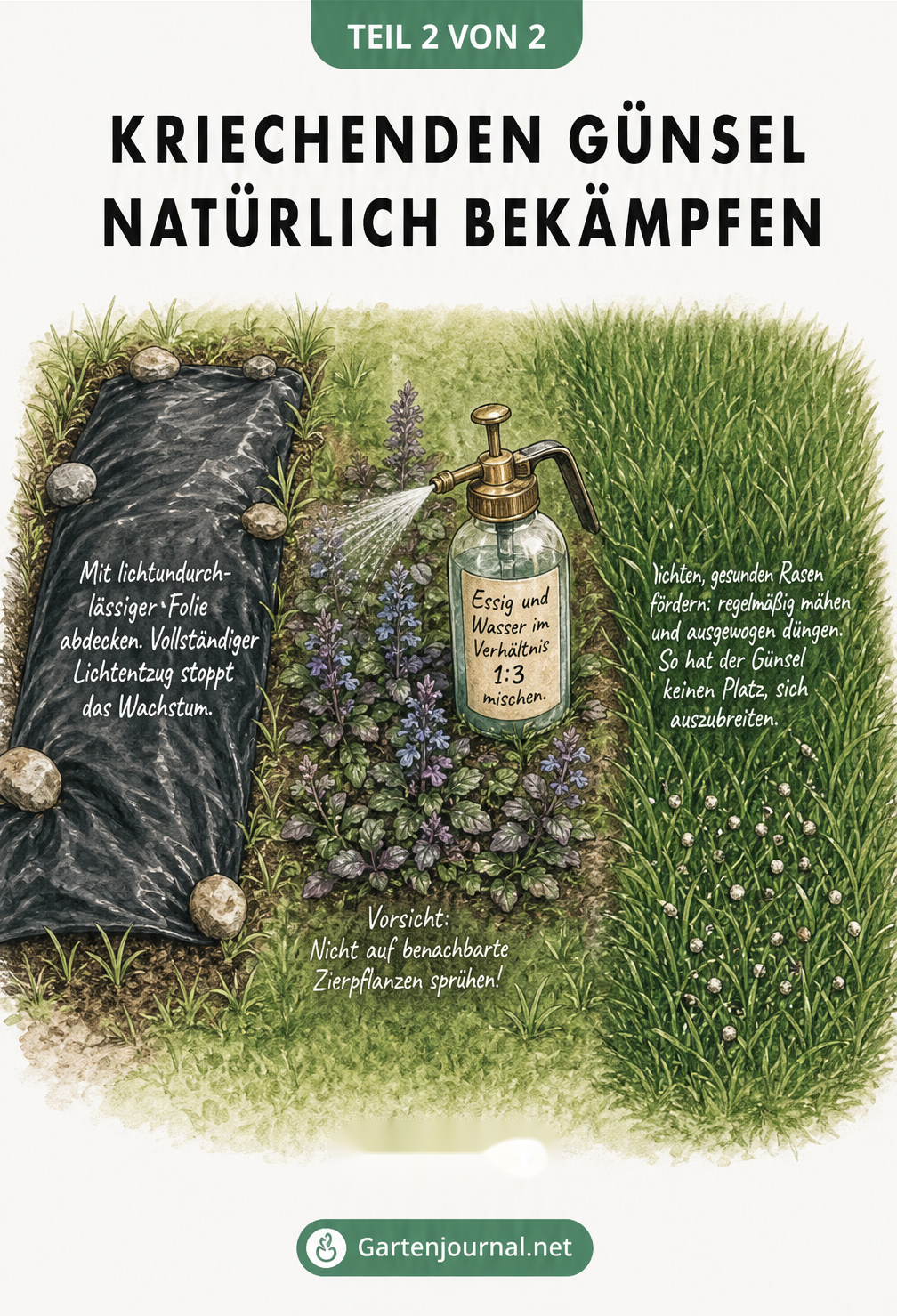 Drei Methoden zur natürlichen Bekämpfung von kriechendem Günsel: Abdecken mit Folie, Besprühen mit Essig-Wasser-Gemisch und Vorbeugung durch dichten Rasen.
