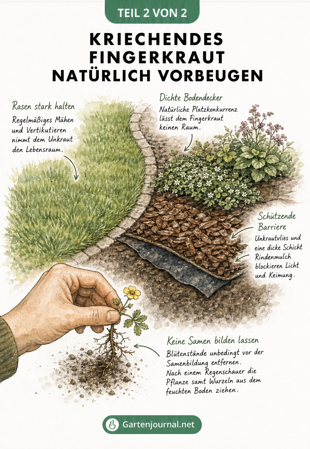 Gartenbeet mit Unkrautvlies, Rindenmulch und Bodendeckern neben einem dichten Rasen zur Vorbeugung von Fingerkraut