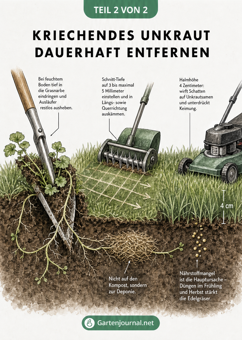 Querschnitt durch einen Rasen, der das Entfernen von Unkraut mit einem Unkrautstecher, das Vertikutieren und das richtige Mähen und Düngen zeigt.
