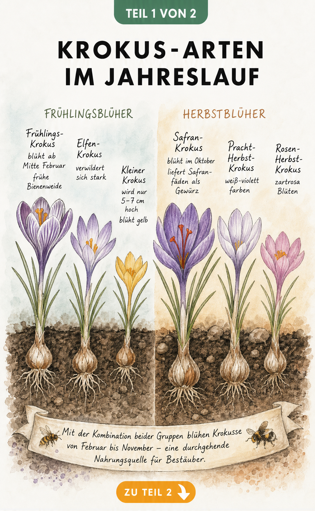 Botanische Illustration von Frühlings- und Herbstkrokussen mit Zwiebelquerschnitt und Blütezeiten