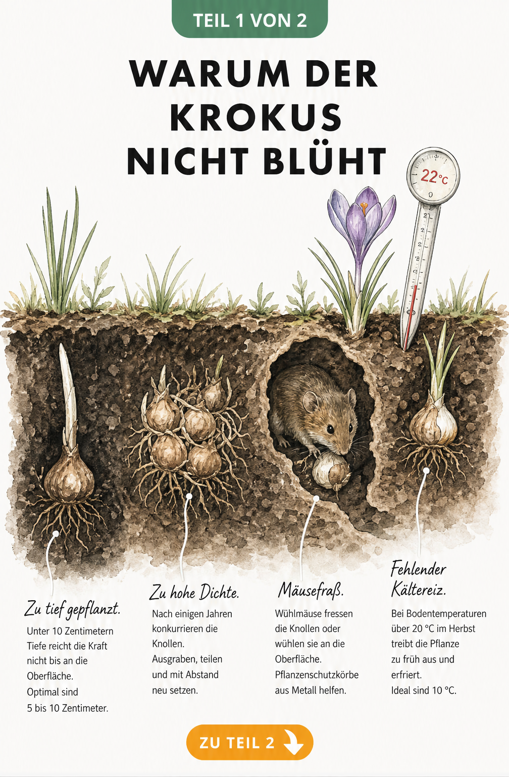 Illustration von vier Ursachen, warum Krokusse nicht blühen: zu tiefe Pflanzung, zu hohe Dichte, Mäusefraß und fehlender Kältereiz im Boden.