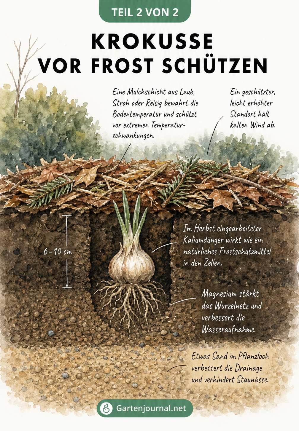 Querschnitt eines Gartenbeets mit Schutzmaßnahmen für Krokusknollen gegen Frost