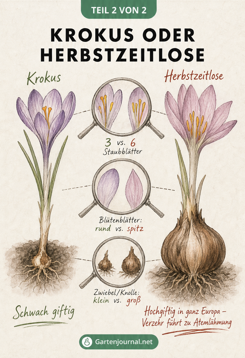 Gegenüberstellung von Krokus und Herbstzeitlose mit Detailzeichnungen von Staubblättern, Blütenform und Zwiebelgröße zur Unterscheidung.