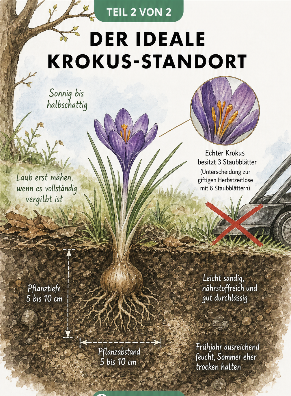 Schnittzeichnung eines Krokus am idealen Standort mit Details zu Pflanztiefe, Bodenbeschaffenheit und Unterscheidung zur Herbstzeitlose.