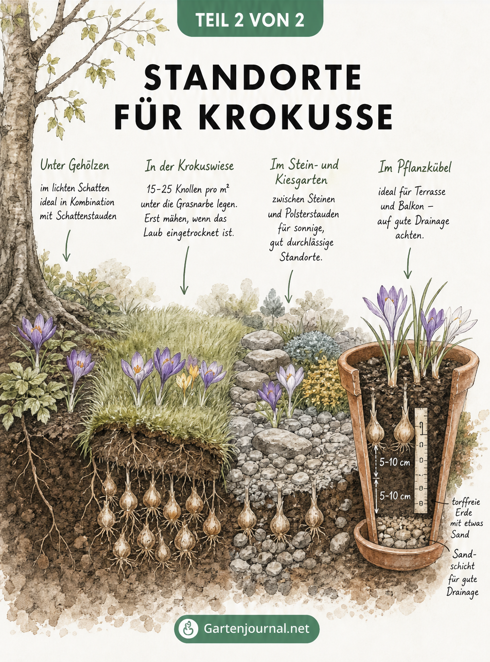 Querschnitt durch verschiedene Krokus-Standorte: Waldgarten, Krokuswiese, Steingarten und Pflanzkübel