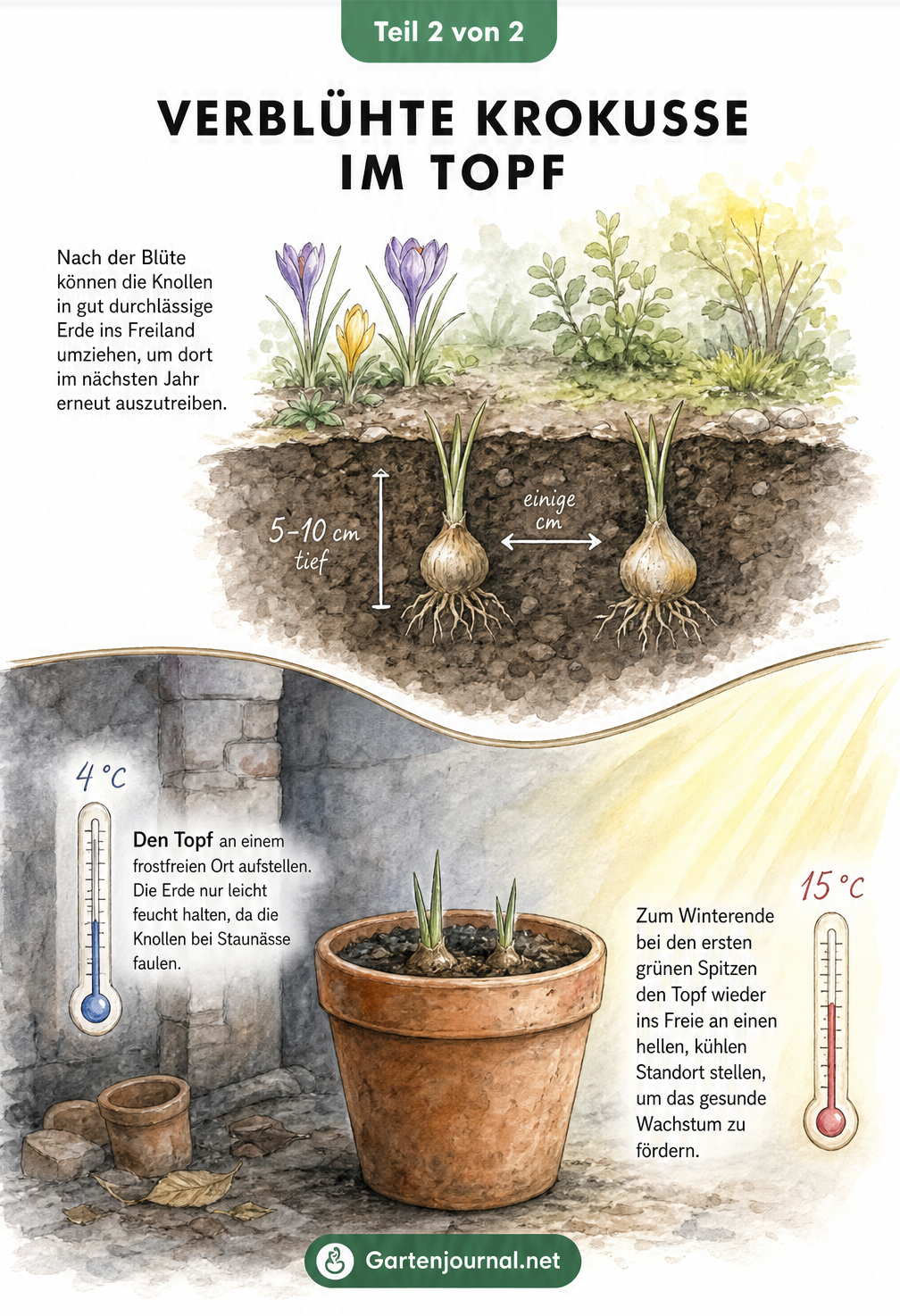 Illustration von Krokusknollen beim Auspflanzen in den Garten und Überwintern im Topf